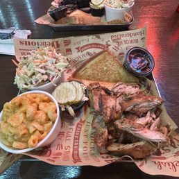 Smoked chicken, coleslaw, and mac and cheese. Smoked chicken, coleslaw, and mac and cheese.