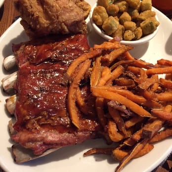 The Pit - Combo Platter (Spare ribs, fried okra, sweet potato fries, fried chicken) - Barbeque Near Me - Raleigh, North Carolina The Pit - Combo Platter (Spare ribs, fried okra, sweet potato fries, fried chicken) - Barbeque Near Me - Raleigh, North Carolina