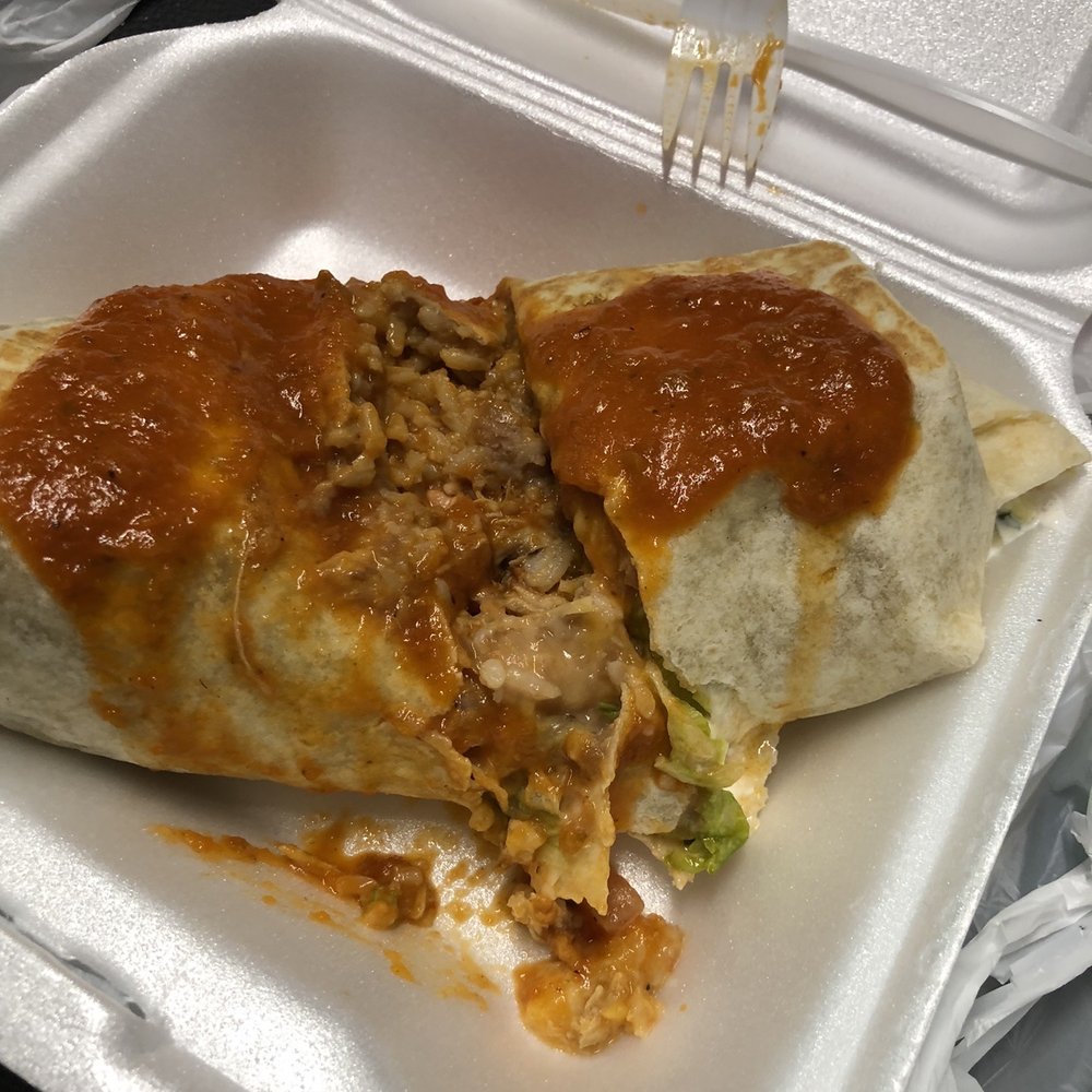 The inside of this deliciousness...  red salsa burrito  ... I added green salsa if you don't like spicy