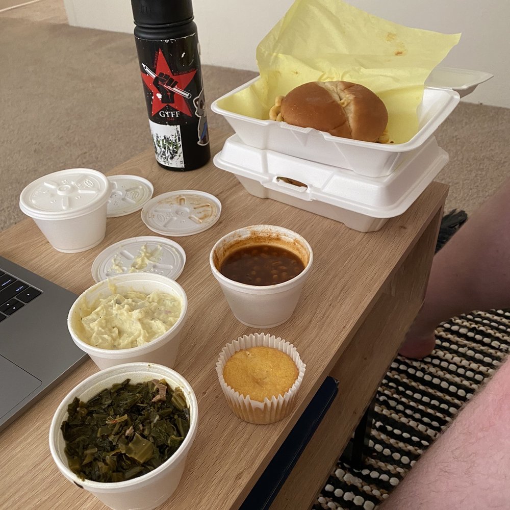 BBQ By Tony - Collard greens, baked beans, potato salad, cornbread, and the Mac Attack sandwich - Barbeque Near Me - Eugene, Oregon