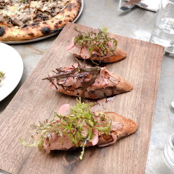 Gjelina - Mary 's Chicken & Duck Liver Pate on Toast , Pickled Red Onion , Spicy Greens - New American Near Me - Venice, California