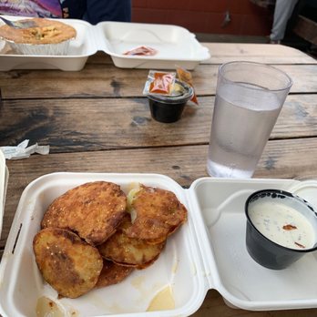 Pine State Biscuits - Friend Fried Green Tomatoes with Ranch Dressing  In one time use containers - Breakfast & Brunch Near Me - Portland, Oregon