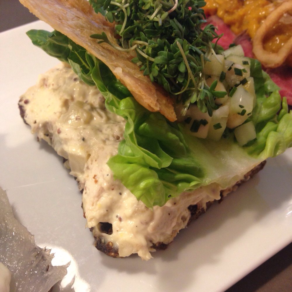 Aamanns Etablissement - Chicken salad with crispy chicken skin - Open Sandwiches Near Me - Copenhagen, 84 Aamanns Etablissement - Chicken salad with crispy chicken skin - Open Sandwiches Near Me - Copenhagen, 84