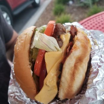 Five Guys - a cheeseburger with pickles and onions - Burgers Near Me - Colorado Springs, Colorado Five Guys - a cheeseburger with pickles and onions - Burgers Near Me - Colorado Springs, Colorado