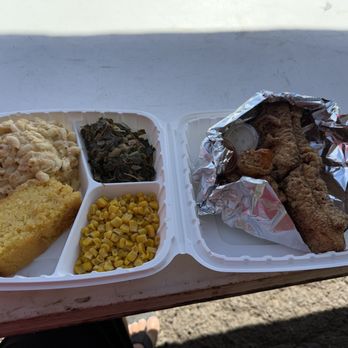 Lacoy’s - Cat Fish with Collard Greens, Corn, Mac n Cheese and Corn Bread - Food Trucks Near Me - Wahiawa, Hawaii