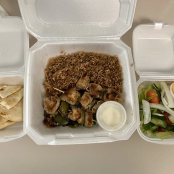 Falafel N Cafe - Chicken Kebab Platter - with 2 sides (rice & green salad), and pita bread. - Mediterranean Near Me - Clearwater, Florida Falafel N Cafe - Chicken Kebab Platter - with 2 sides (rice & green salad), and pita bread. - Mediterranean Near Me - Clearwater, Florida