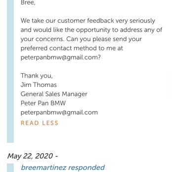 Peter Pan BMW - THIS IS THE CANNED RESPONSE THEY PUT UNDER ALL REVIEWS, HERE ON YELP AND OTHER PLATFORMS. No response from them as of 6/3 - Car Dealers Near Me - San Mateo, California