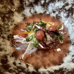 Crudo with watermelon water and yuzu drops Crudo with watermelon water and yuzu drops