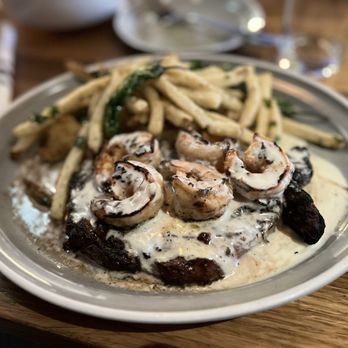 Whiskey Cake - 14oz Grilled Ribeye with Shrimp and fries - New American Near Me - Irving, Texas Whiskey Cake - 14oz Grilled Ribeye with Shrimp and fries - New American Near Me - Irving, Texas