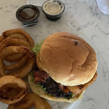 Big Whiskey’s - Big Whiskey BBQ Burger with onion rings (and the sauces) - American Near Me - Hoover, Alabama