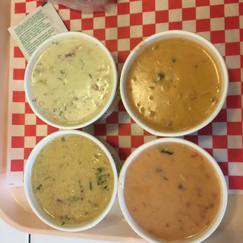Pike Place Chowder - Sampler:  crab oyster and chorizo, New England , smoked salmon, seafood bisque, - Seafood Near Me - Seattle, Washington