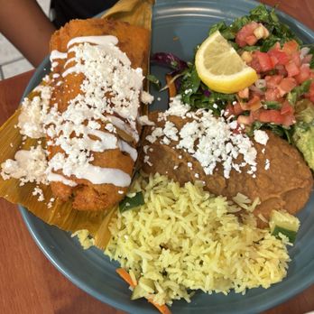 Tumerico - Tamale, rice, beans, green dressed salad, Gus, salsa - Vegan Near Me - Tucson, Arizona