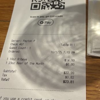 Jersey's Bar & Grill - Receipt - A restaurant receipt displays a QR code, order details including a ribeye steak and beer, and the total amount due. - American Near Me - Beloit, Wisconsin