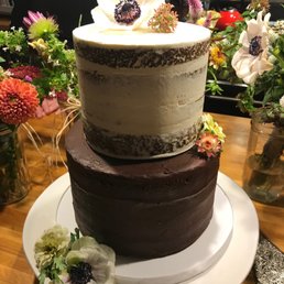 Bourbon brownie lower tier with chocolate raspberry & cream cheese fillings + carrot cake upper tier with cinnamon ginger cream cheese. Bourbon brownie lower tier with chocolate raspberry & cream cheese fillings + carrot cake upper tier with cinnamon ginger cream cheese.