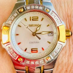 Halifax Watch Co - Seiko Coutura watch with a diamond bezel, sapphire crystal, date and mother of pearl face.