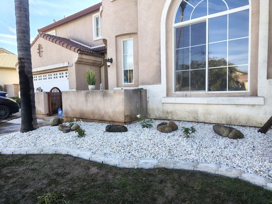 rock installation - client called for an estimate, I showed up took some measurements provided them with a landscape design.
we removed the old landscape sprayed the area with our herbicide treatment spray, installed landscape fabric with 6 rose bushes, then installed a stone border with mortar and added 2 1/2 yards of all white rock 3/4' rock installation - client called for an estimate, I showed up took some measurements provided them with a landscape design.
we removed the old landscape sprayed the area with our herbicide treatment spray, installed landscape fabric with 6 rose bushes, then installed a stone border with mortar and added 2 1/2 yards of all white rock 3/4'