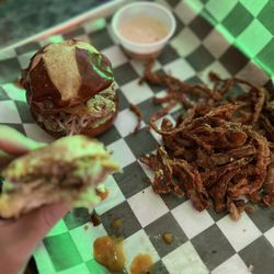 Mad Cow Bar & Grill - Pulled Pork Slider Flight with Onion Ring Tanglers