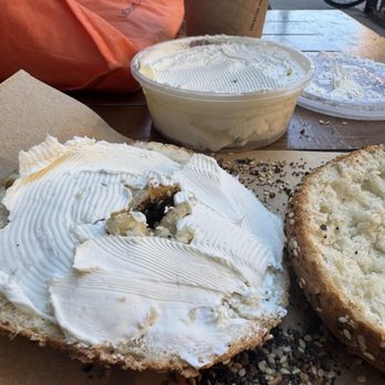 Brick Street Bagels - Everything bagel with scallion cream cheese. It's make your own, so don't expect them to cut it and put the cream cheese on it for you. - Bagels Near Me - Boston, Massachusetts