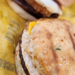 Breakfast burger and jalapeno biscuit sandwich
