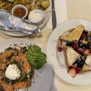 Red House Cafe - Chorizo and Eggs (top), Sophia's Nutella Panini (middle), and Smoked Salmon on a Potato Pancake (bottom) - Breakfast & Brunch Near Me - Pacific Grove, California Red House Cafe - Chorizo and Eggs (top), Sophia's Nutella Panini (middle), and Smoked Salmon on a Potato Pancake (bottom) - Breakfast & Brunch Near Me - Pacific Grove, California