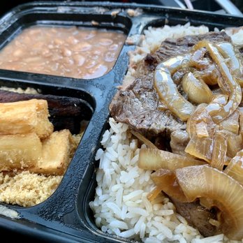Brasil Bistro - Steak with onions and rice, beans, fried cassava and toasted cassava, and plantains/banana   Take out order - Brazilian Near Me - El Cerrito, California