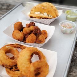 Quentin's BBQ & Sides - Onion rings, fried mushrooms and pulled pork puffy tacos