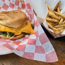 Cheddar burger with jalapeños. Side of fresh cut fries.