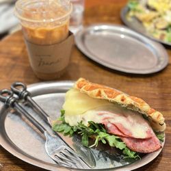 Frame - Iced Maple Latte (w/ almond milk) & Smoked Ham Sandwich