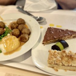 IKEA Restaurant - Swedish meatball plate Tuesday meal deal $3.99. Dessert trio of Daim cake, Swedish apple cake, punschrullar pastry