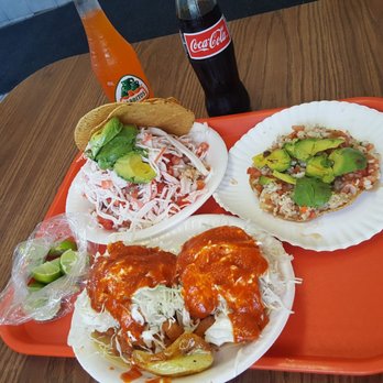 El Paraiso - My food 2 shrimp tacos, tostada de camaron, and a tostada mixta.....very delicious... - Seafood Near Me - Los Angeles, California El Paraiso - My food 2 shrimp tacos, tostada de camaron, and a tostada mixta.....very delicious... - Seafood Near Me - Los Angeles, California