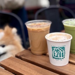 L to R: Decaf "House Latte": Gochujang Caramel Latte ($7), Passion Fruit Chocolate Cappuccino ($7), Iced Matcha Latte ($8) L to R: Decaf "House Latte": Gochujang Caramel Latte ($7), Passion Fruit Chocolate Cappuccino ($7), Iced Matcha Latte ($8)