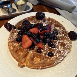 Belgian waffle, seasonal berries, powdered sugar. Belgian waffle, seasonal berries, powdered sugar.