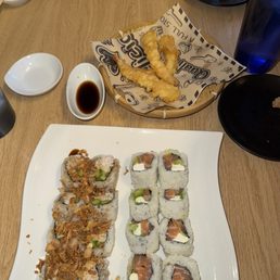 Shrimp Tempura (5pcs) California Crunch Roll (8 Pcs)Philadelphia Roll (8 Pcs) such big portions!!