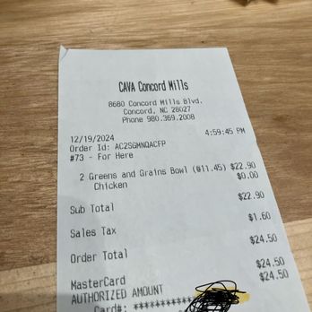 CAVA - The receipt. - Mediterranean Near Me - Concord, North Carolina