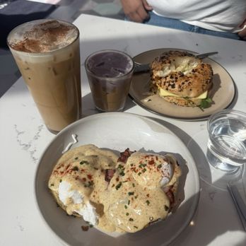 Moongoat Greenhouse - Eggs Benedict with churro latte and bagel sandwich - Coffee Roasteries Near Me - Costa Mesa, California Moongoat Greenhouse - Eggs Benedict with churro latte and bagel sandwich - Coffee Roasteries Near Me - Costa Mesa, California