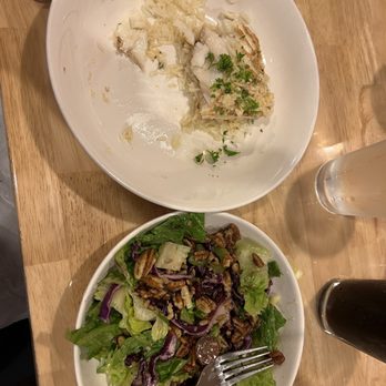 Gold Rush Bistro - Garlic Grilled Halibut with rice and salad - Seafood Near Me - Seward, Alaska Gold Rush Bistro - Garlic Grilled Halibut with rice and salad - Seafood Near Me - Seward, Alaska