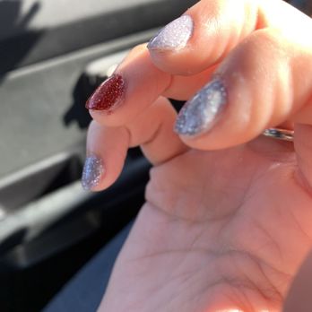 Natural Nails - You can see the glitter on my skin, and the exposed nail on my ring finger. - Nail Salons Near Me - Muskogee, Oklahoma