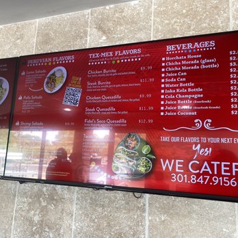 Fidel’s Peruvian Chicken - Menu on screen (hard to see with glare) - Peruvian Near Me - Colesville, Maryland