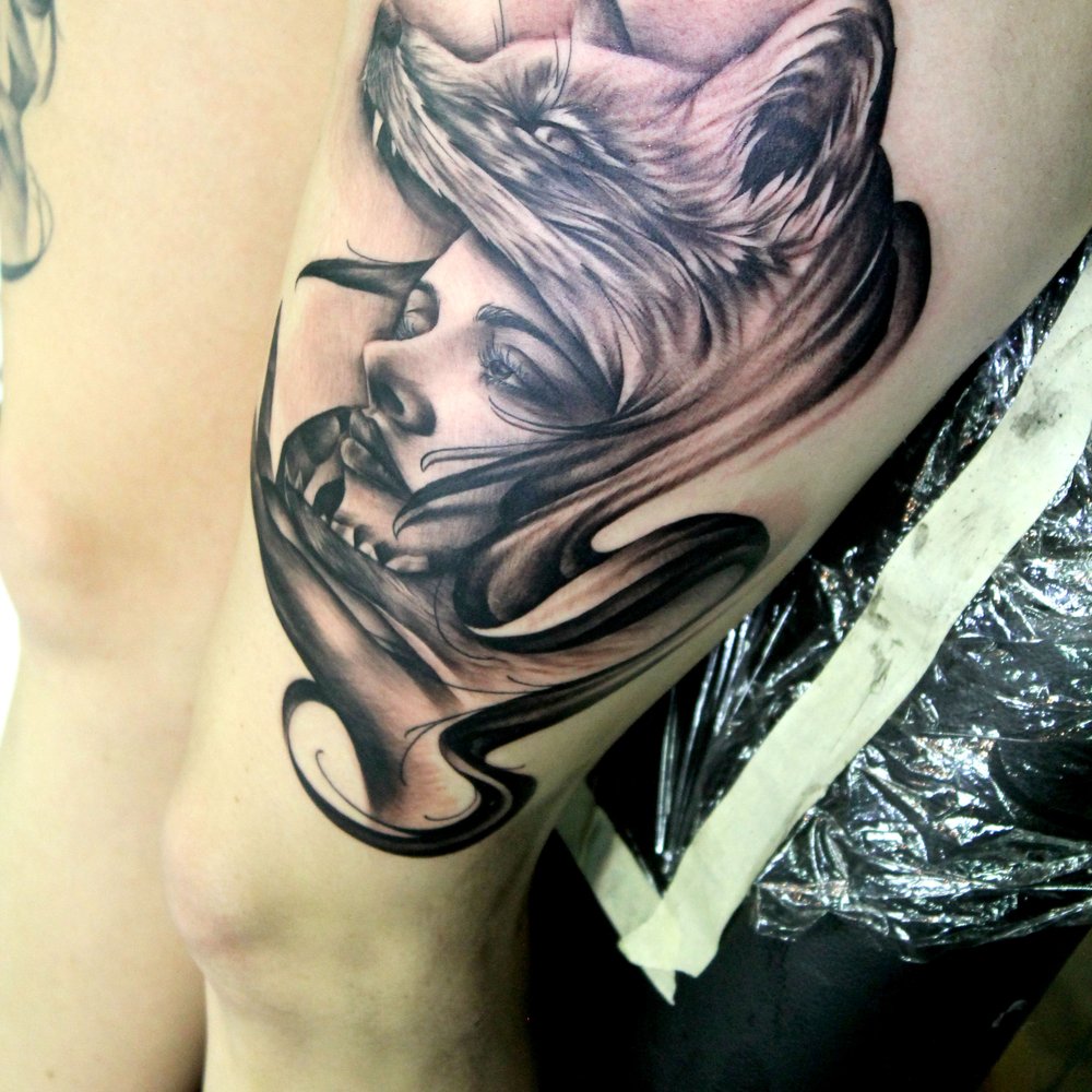 Thigh piece designed and tattooed by Kam. Thigh piece designed and tattooed by Kam.