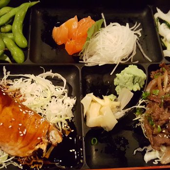 O! Sushi - 3 item bento box. Salmon teriyaki, Bulgogi, and salmon sashimi. Edamame and picked daikon and cucumber as sides. - Sushi Bars Near Me - Petaluma, California O! Sushi - 3 item bento box. Salmon teriyaki, Bulgogi, and salmon sashimi. Edamame and picked daikon and cucumber as sides. - Sushi Bars Near Me - Petaluma, California