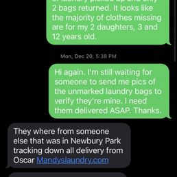 Text messages w/ Oscar from Mandy's about my lost laundry that wasn't delivered Text messages w/ Oscar from Mandy's about my lost laundry that wasn't delivered