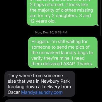 Mandy's Laundry Service - Text messages w/ Oscar from Mandy's about my lost laundry that wasn't delivered - Laundromat Near Me - Van Nuys, California Mandy's Laundry Service - Text messages w/ Oscar from Mandy's about my lost laundry that wasn't delivered - Laundromat Near Me - Van Nuys, California