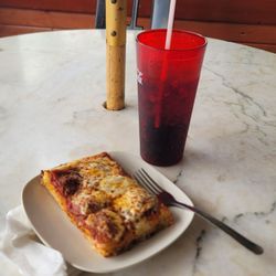Garcia's Pizza In A Pan - Garcia's pepperoni slice & soda.