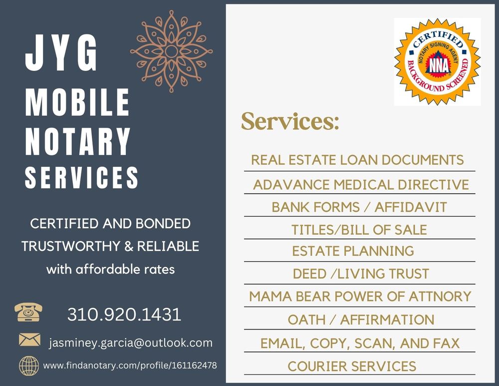 JYG MOBILE NOTARY Updated October 2024 Gardena, California Notaries Phone Number Yelp