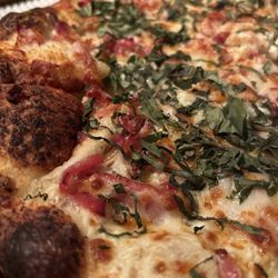 Close up of the best pizza ever, the "Tribeca" pizza on the specialty menu.