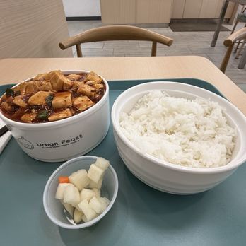 Urban Feast - Mapo Tofu with white rice. Side of pickles is self served and a perfect pairing - Chinese Near Me - Cerritos, California