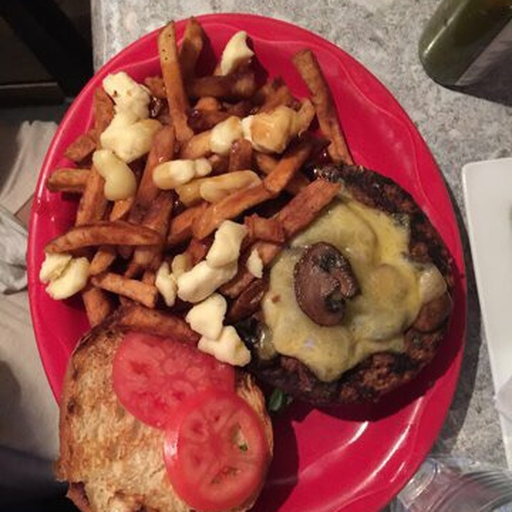 Utopia Café & Grill - Vegetarian Swiss & Mushroom burger with poutine - Tex-Mex Near Me - Toronto, Ontario