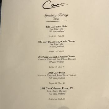 Carr Winery - Specialty tasting menu as of 1/8/22. - Wineries Near Me - Santa Barbara, California