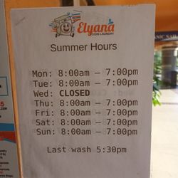 Elyana Coin Laundry - Oriole Plaza - Hours as of 10/7/22