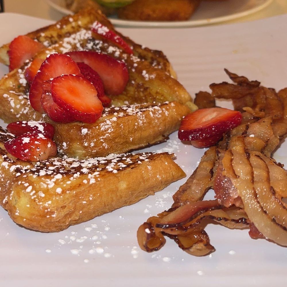 Cafe Paris - 3. Avocado Toast with bacon served with hash browns (can sub for turkey bacon!) 5. French toast ( pain perdu ) comes with bacon - Creperies Near Me - Metuchen, New Jersey